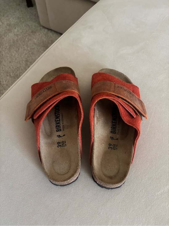 Birkenstock Shoes - Birkenstock Adult Red-Orange Suede Adjustable Slide Sandals